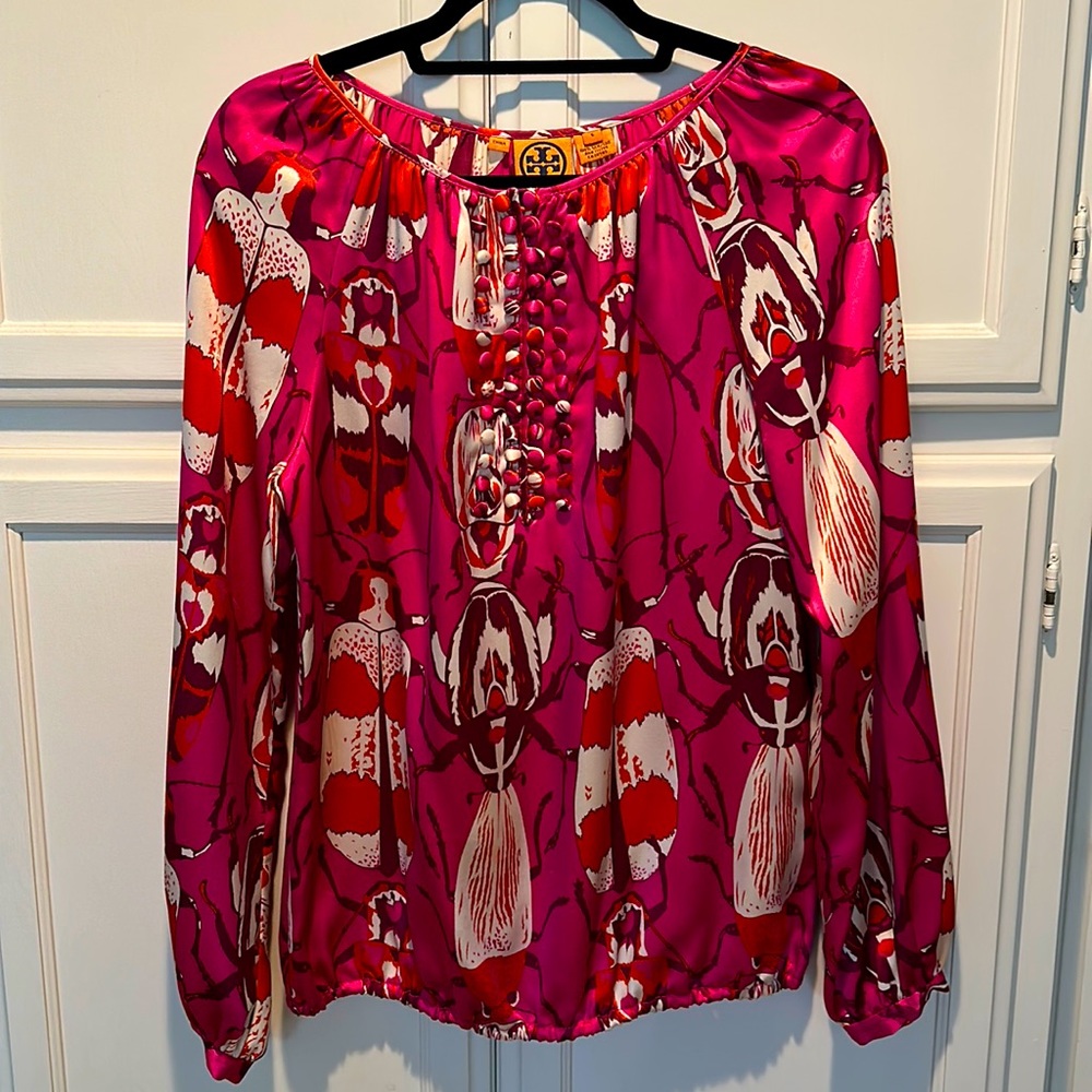 Tory Burch Pink Silk Beetle Print Blouse for Bergdorf Goodman